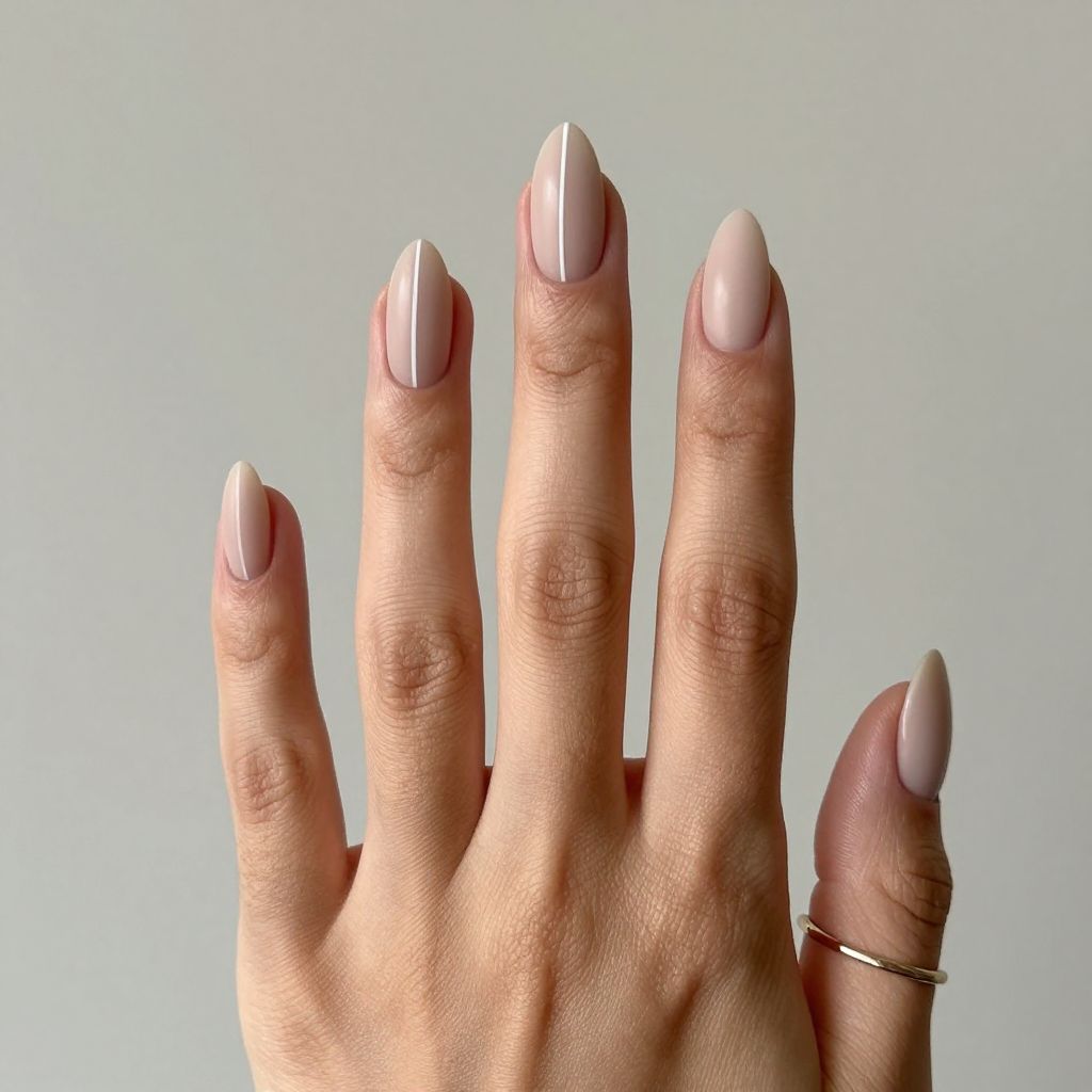 Simple Almond Nail Designs nude with thin white stripe nail idea 4