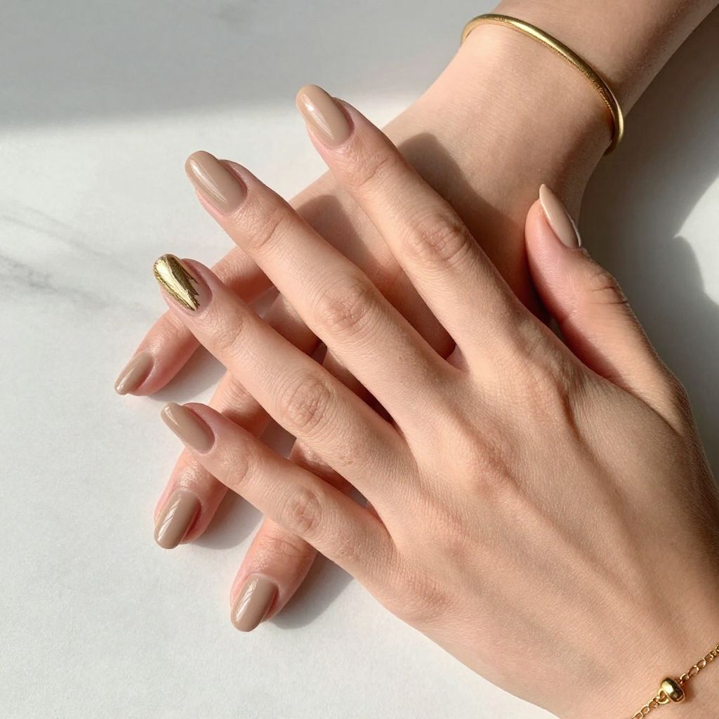 Nude Nails with One Gold Accent