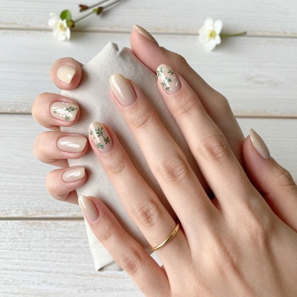 Beige Nails with Tiny Floral Art