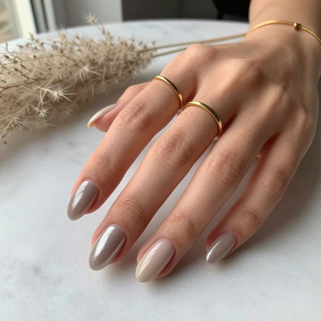 Beige Chrome Almond Nails
