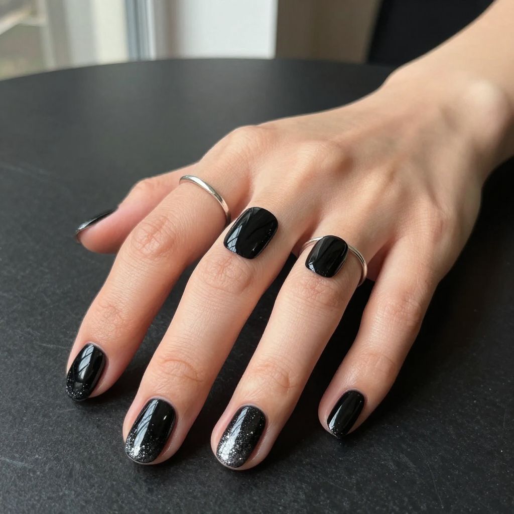 Black Nails With Micro Glitter Tips