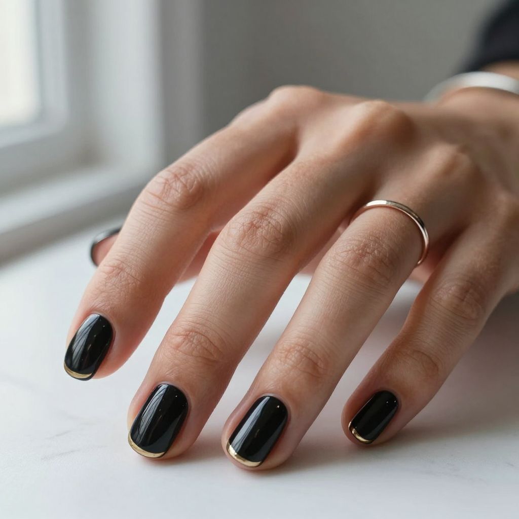 Short Black Nails With A Single Metallic Stripe
