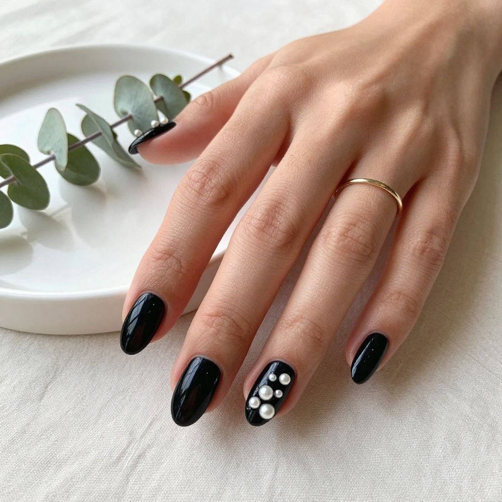 Black Nails With Tiny Pearl Accents