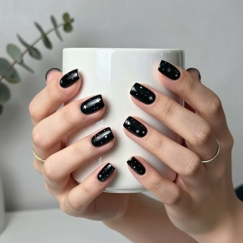 Minimal Black Nail Art With Tiny Stars