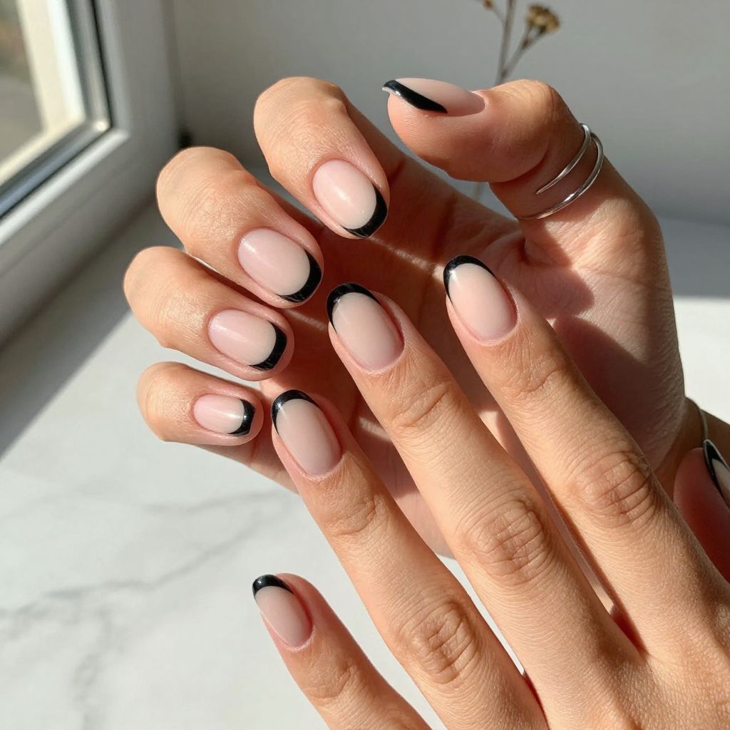 Black Nails With Nude Negative Space