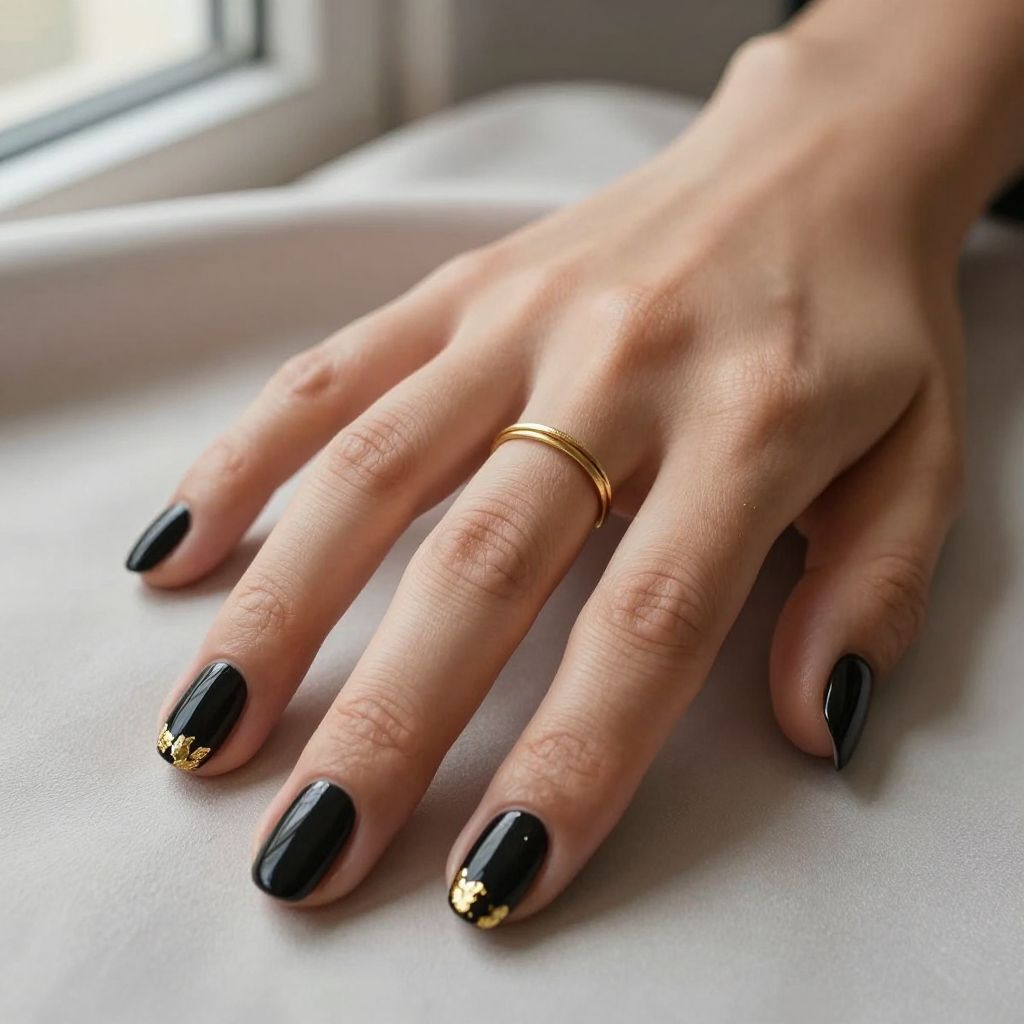 Black Nails With Tiny Gold Foil