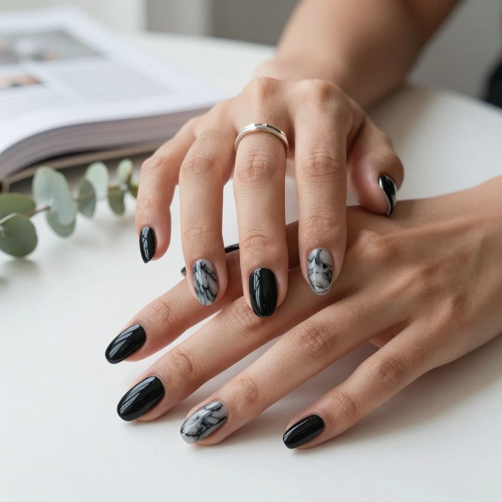 Black Marble Accent Nails