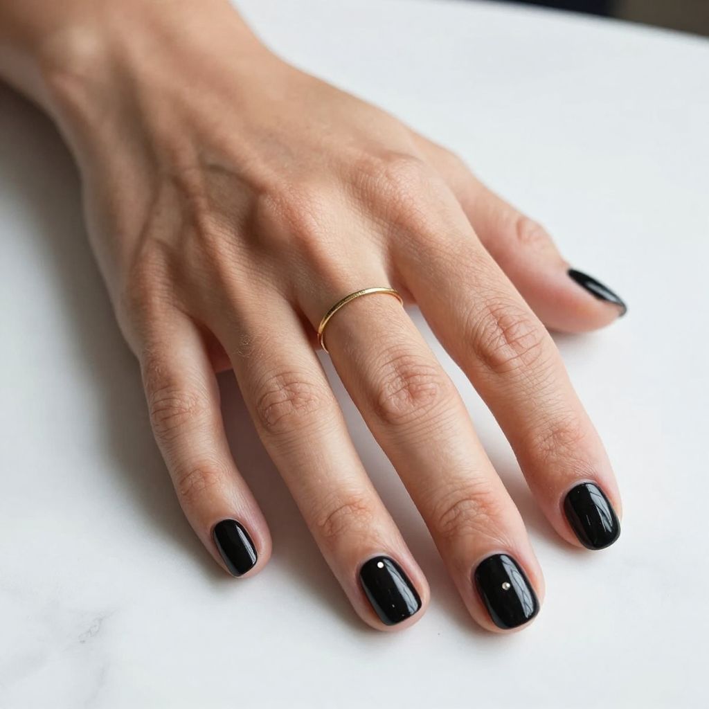 Short Round Black Nails With A Single Dot