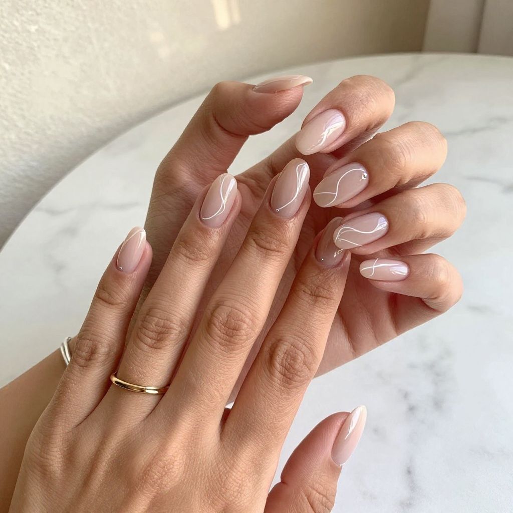 Clean Nude Nails with White Line Art