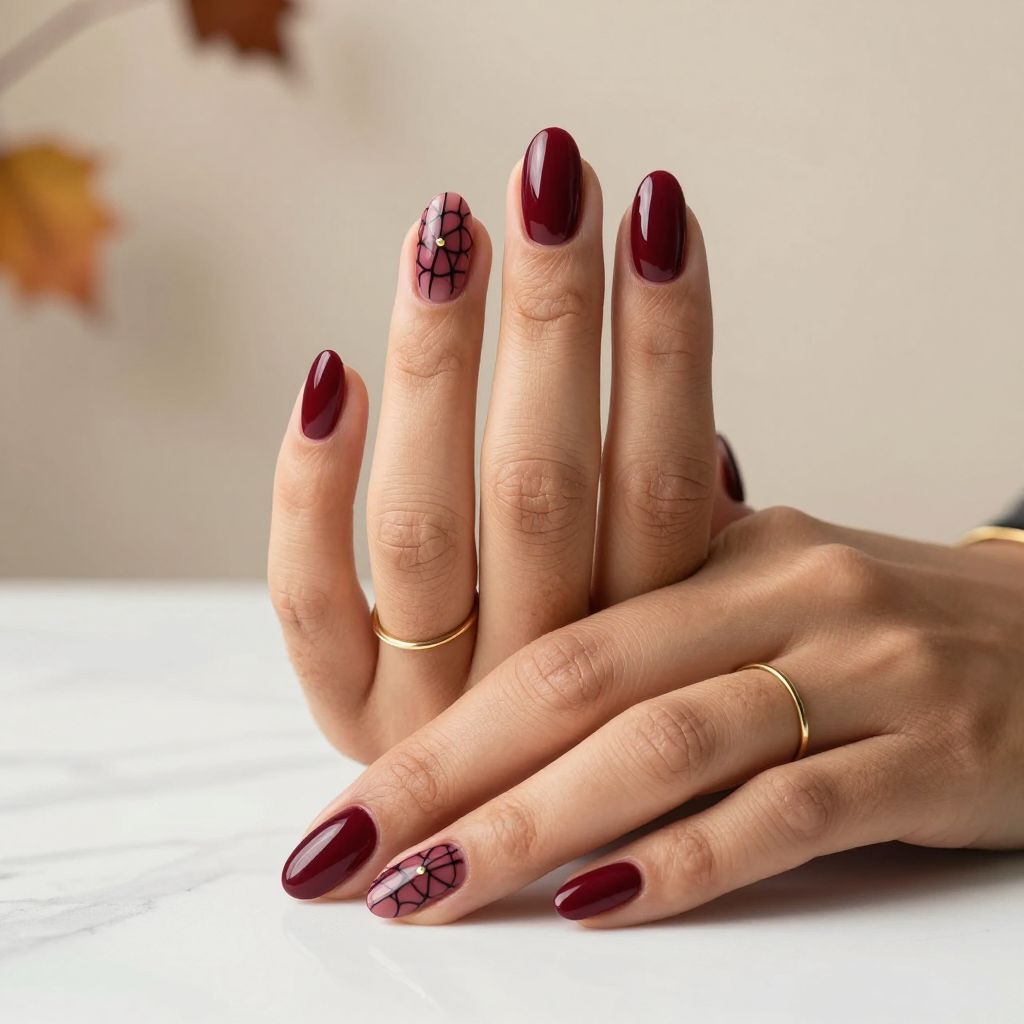 Burgundy Web Accent Nails