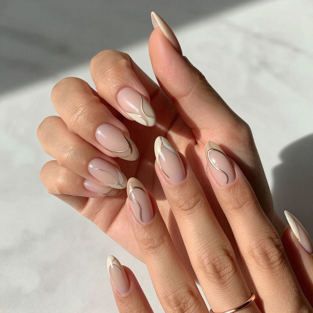 Neutral Swirl Almond Nails