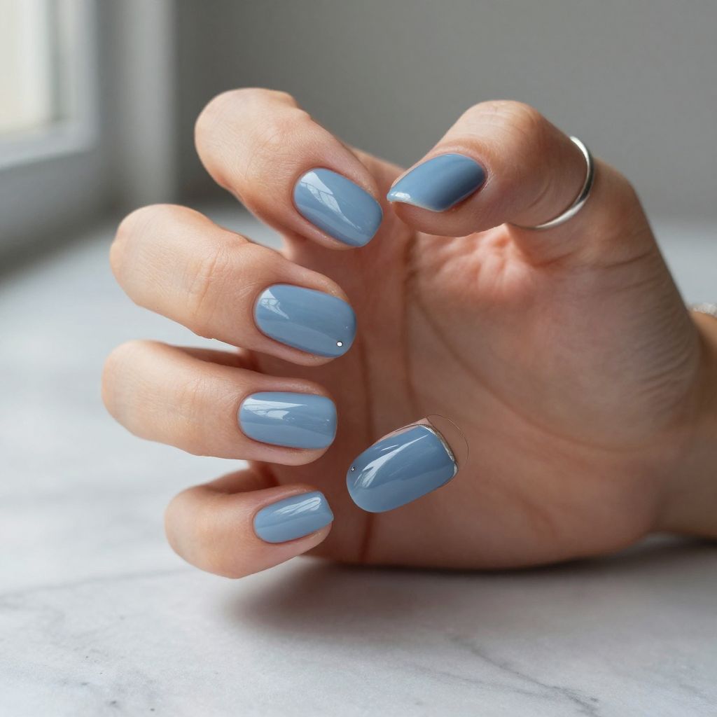 Dusty Blue Short Almond Nails