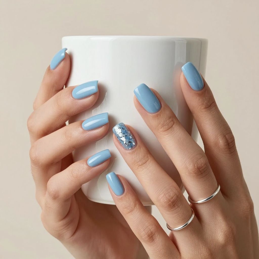 Baby blue coffin nails with glitter accent