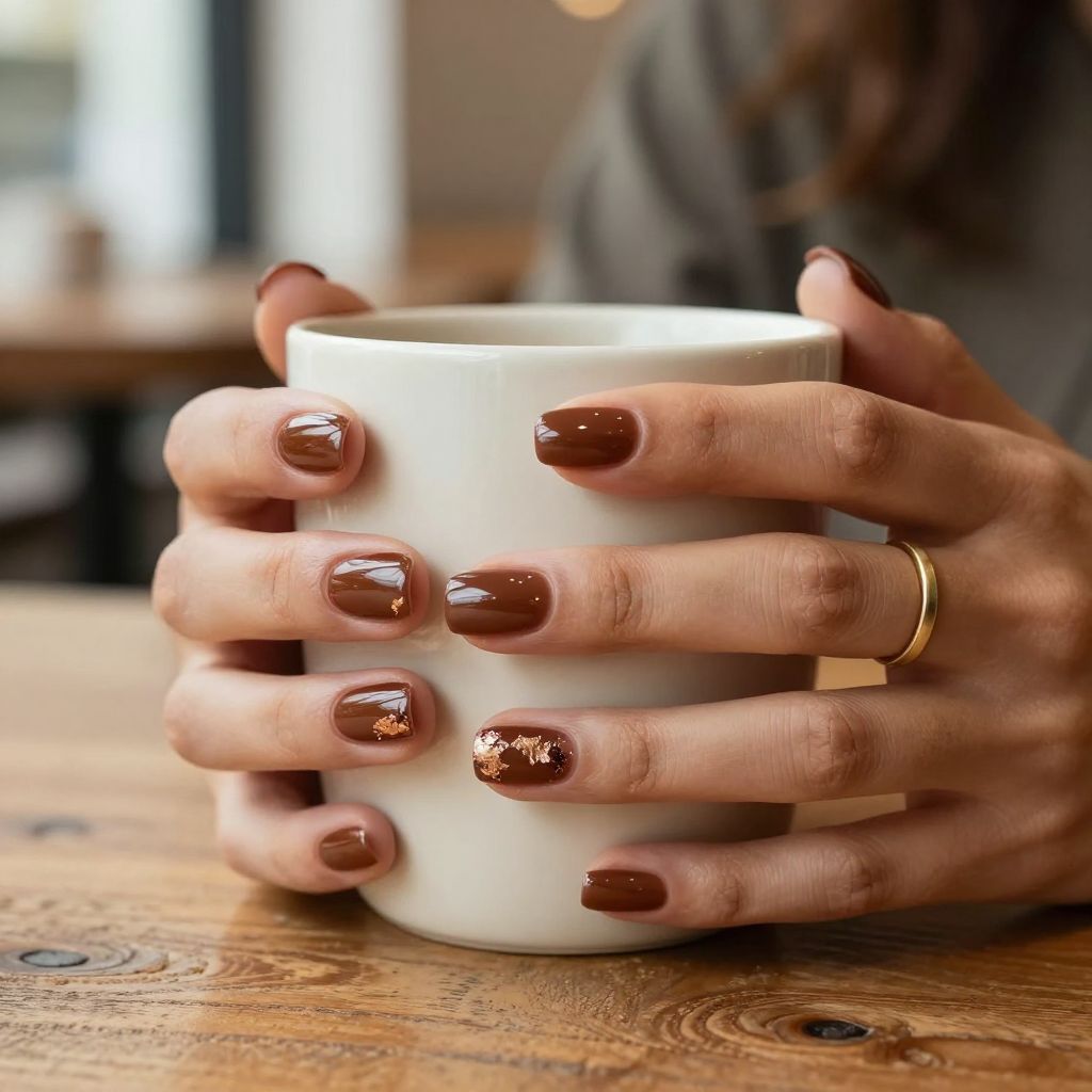 Chocolate glaze oval nails with bronze foil