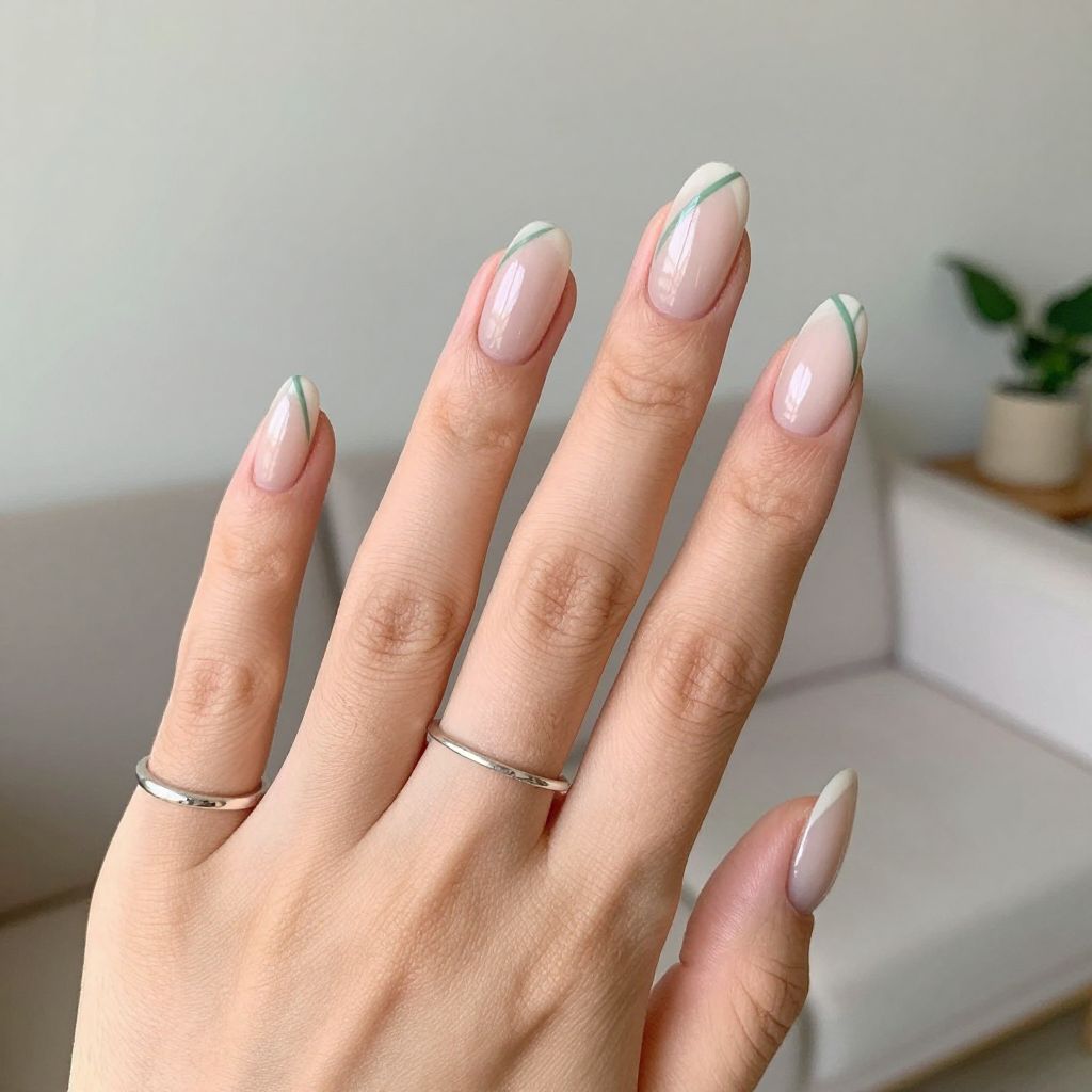 Sheer nude nails with sage diagonal line