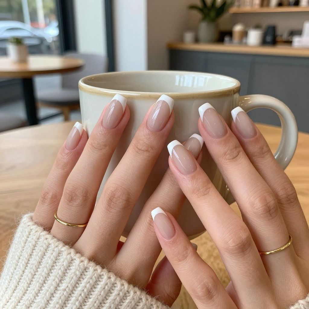 White micro French on short almond nails