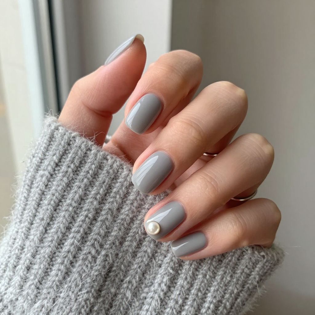Soft gray cashmere nails with pearl accent
