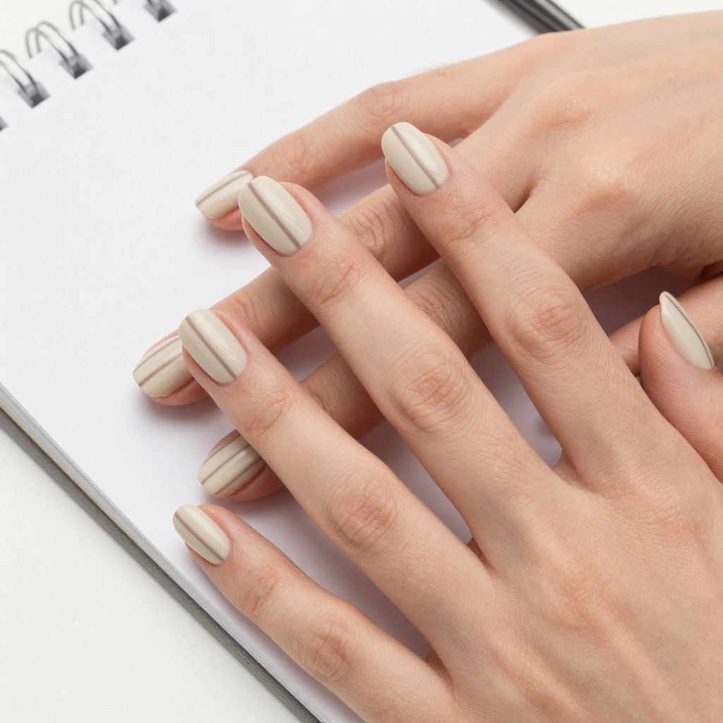 Short nails Cream with Thin Taupe Stripes
