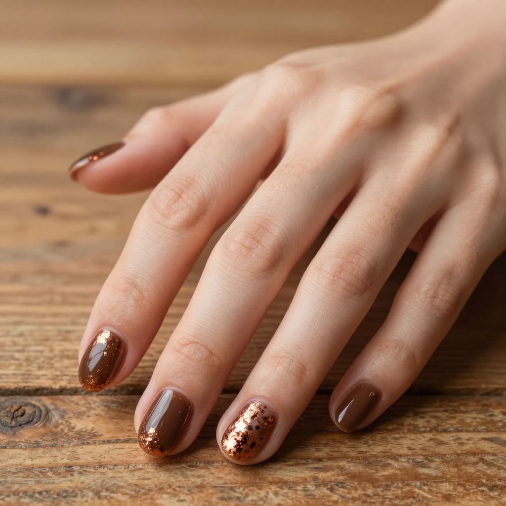 Short nails Espresso Brown with Copper Flakes