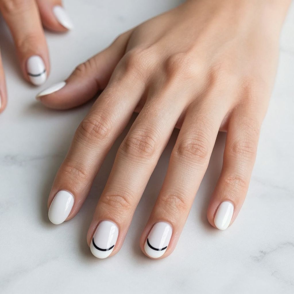 Short nails White Base with Thin Black Smile Line