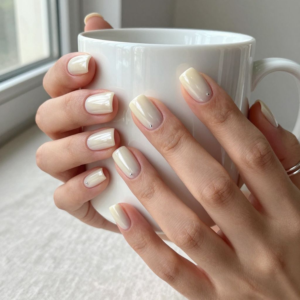 Classic cream short nails with pearly sheen