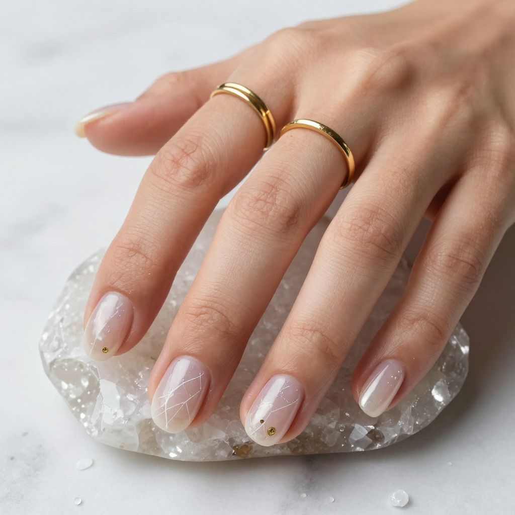 Clear quartz inspired short nails with white veining