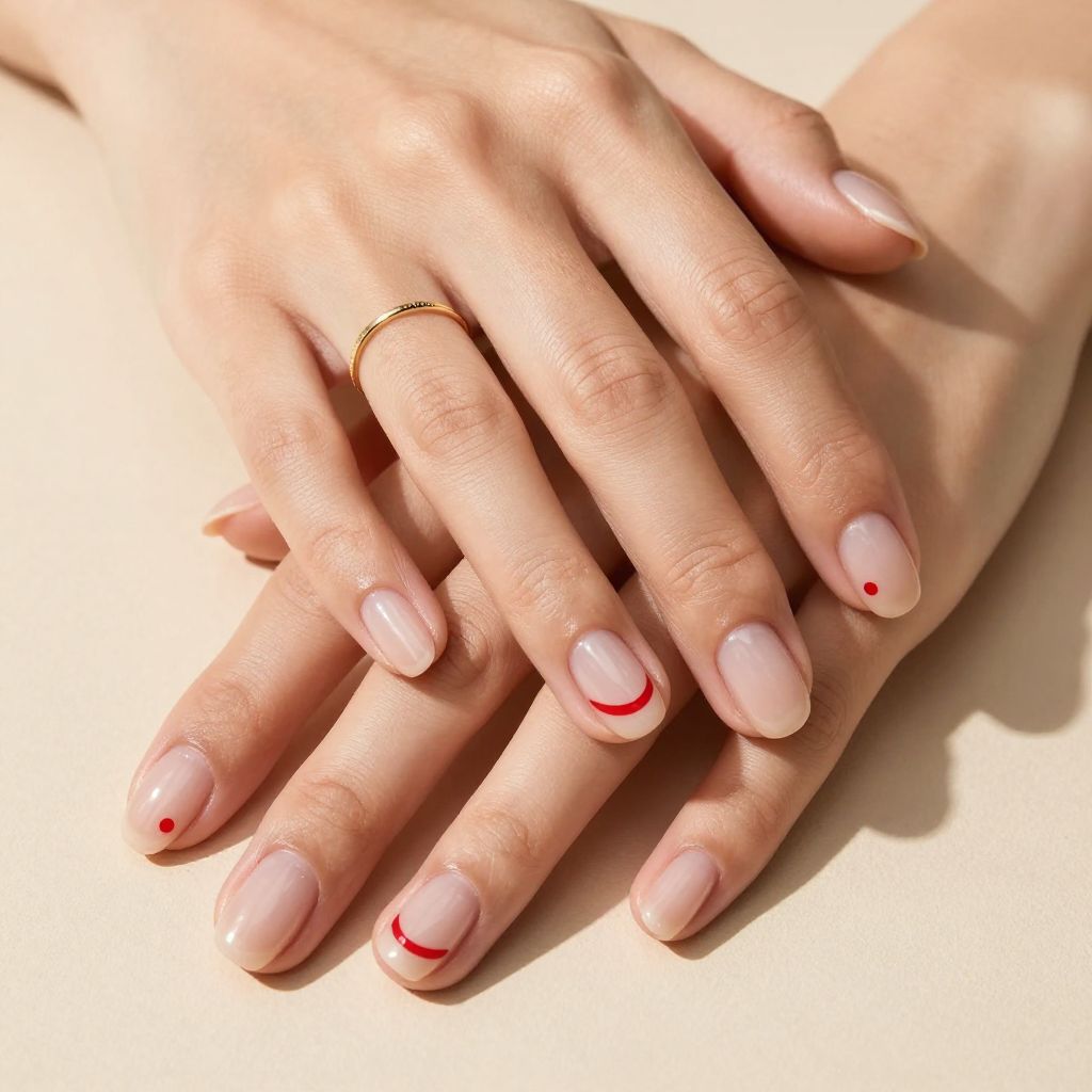 Sheer nude short nails with red accent smile line