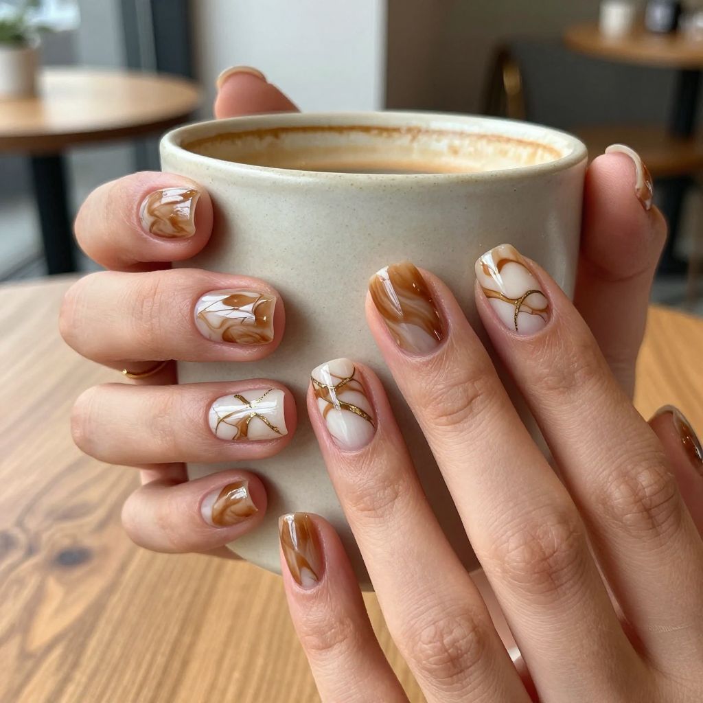 Espresso marble short nails with bronze foil