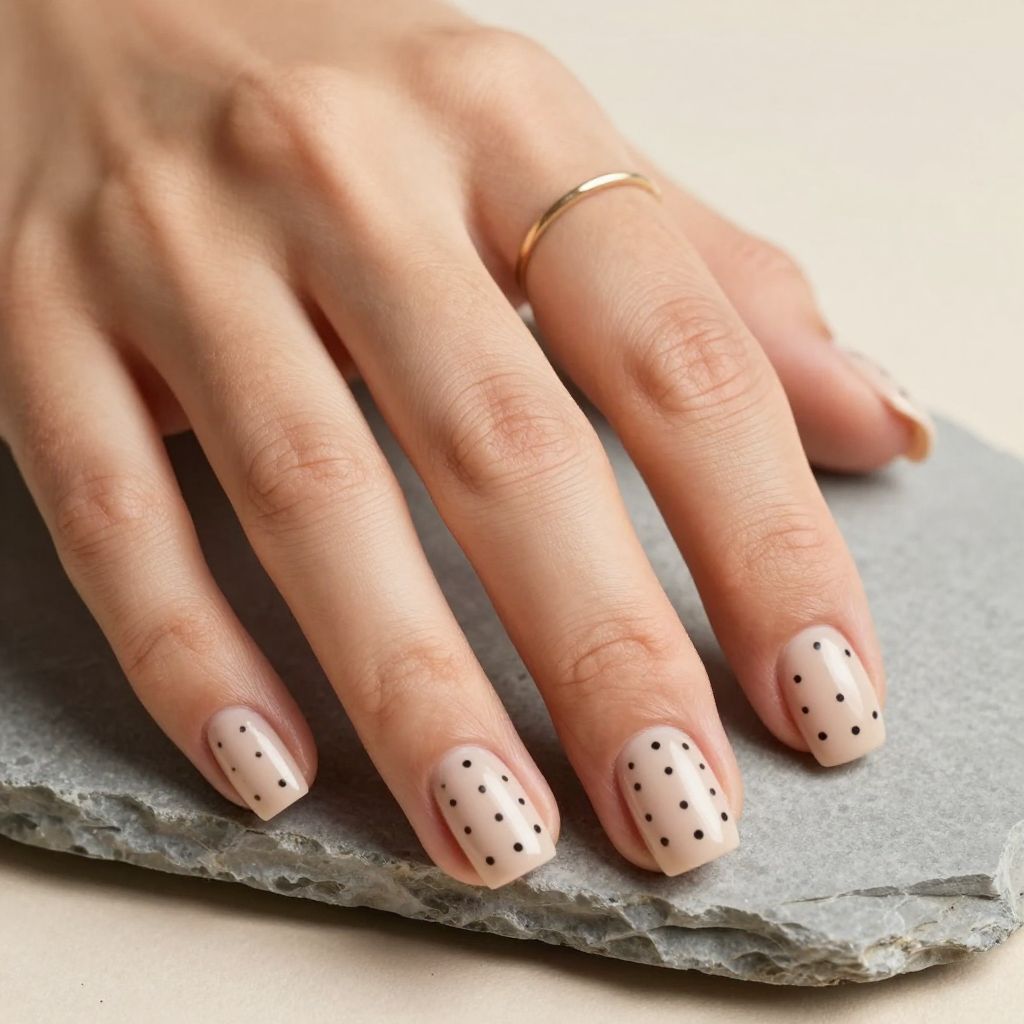 Nude short nails with black dot matrix design