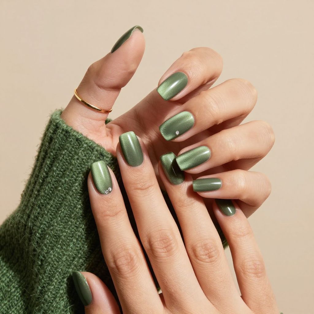 Olive velvet magnetic short nails