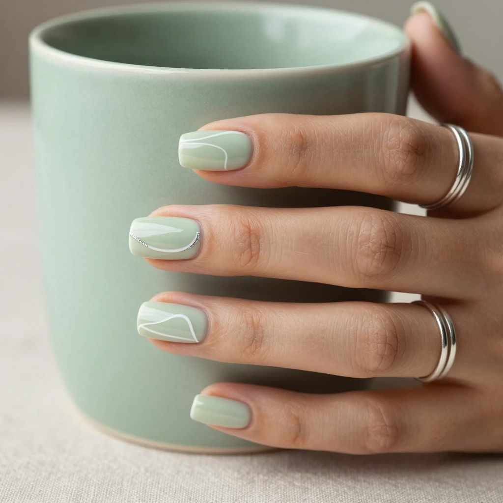 Sage green short nails with white swirl design