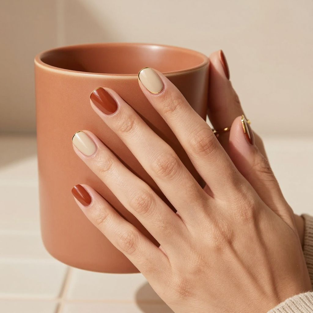 Terracotta short nails with half moon design