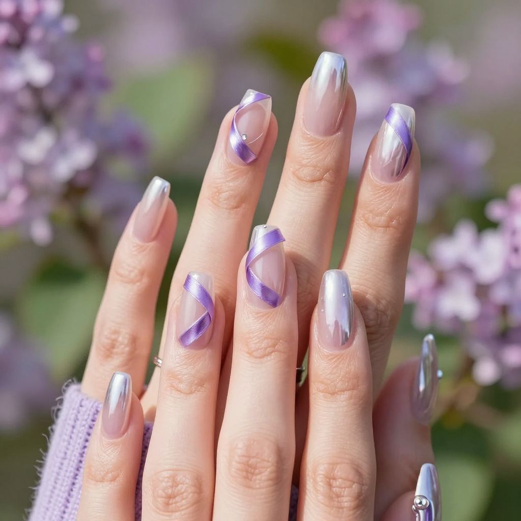 Lavender Chrome Swoops spring acrylic nails