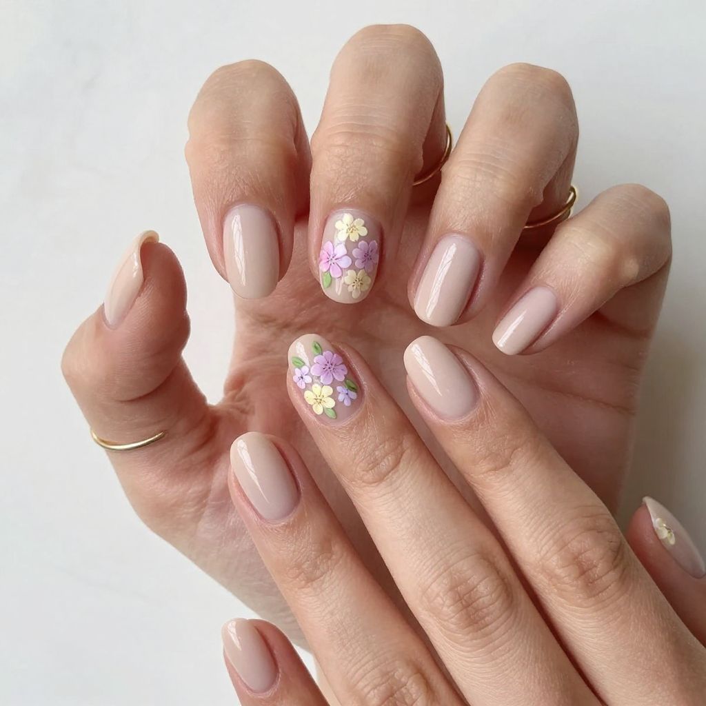 Nude Nails with Tiny Floral Art