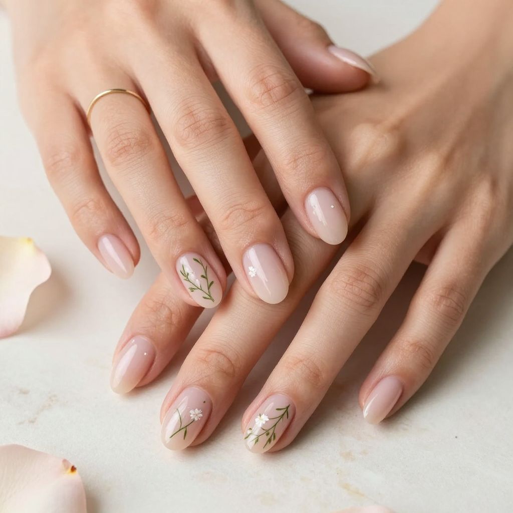 Nude Nails With Green Vine Details