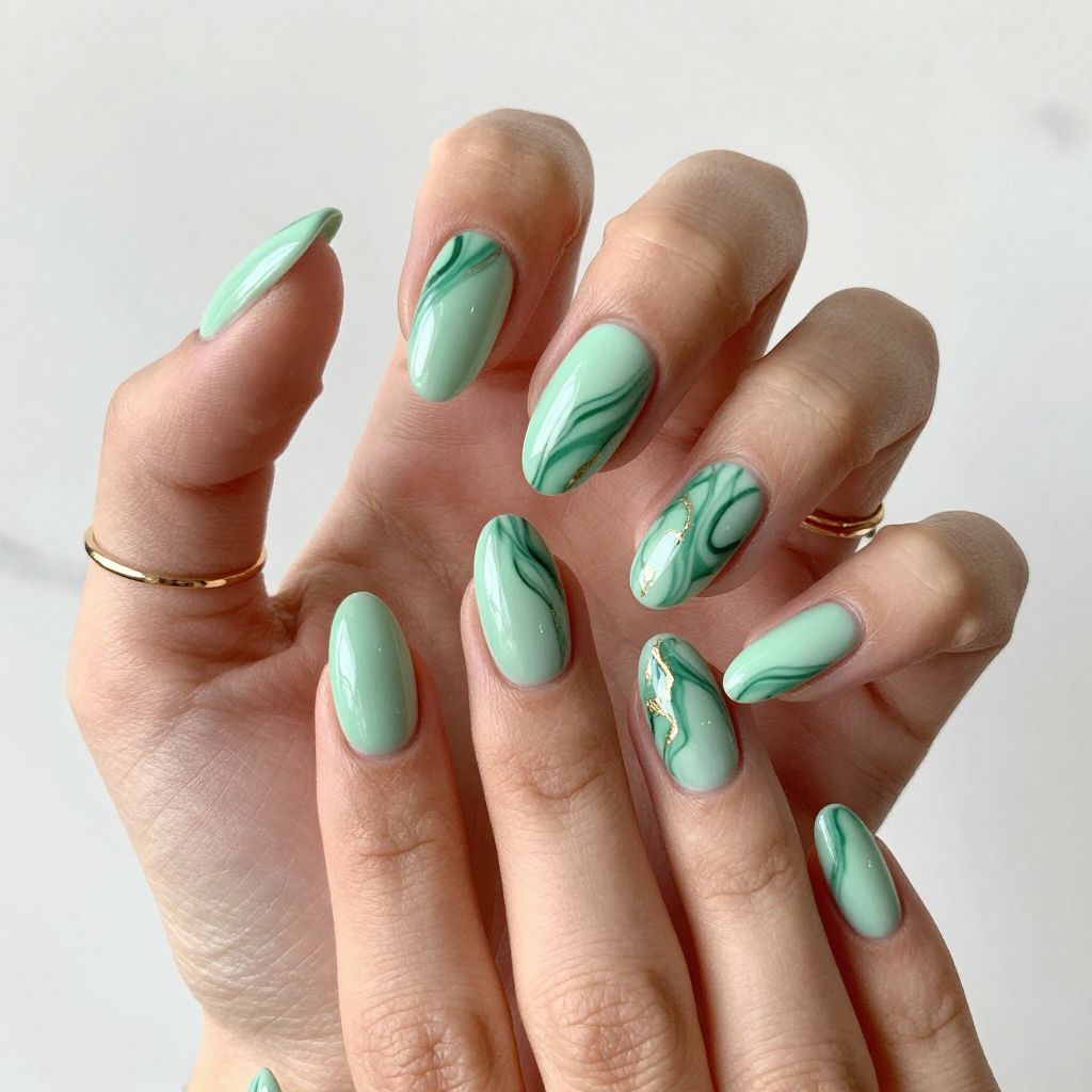Spring Green Marble Effect Nails
