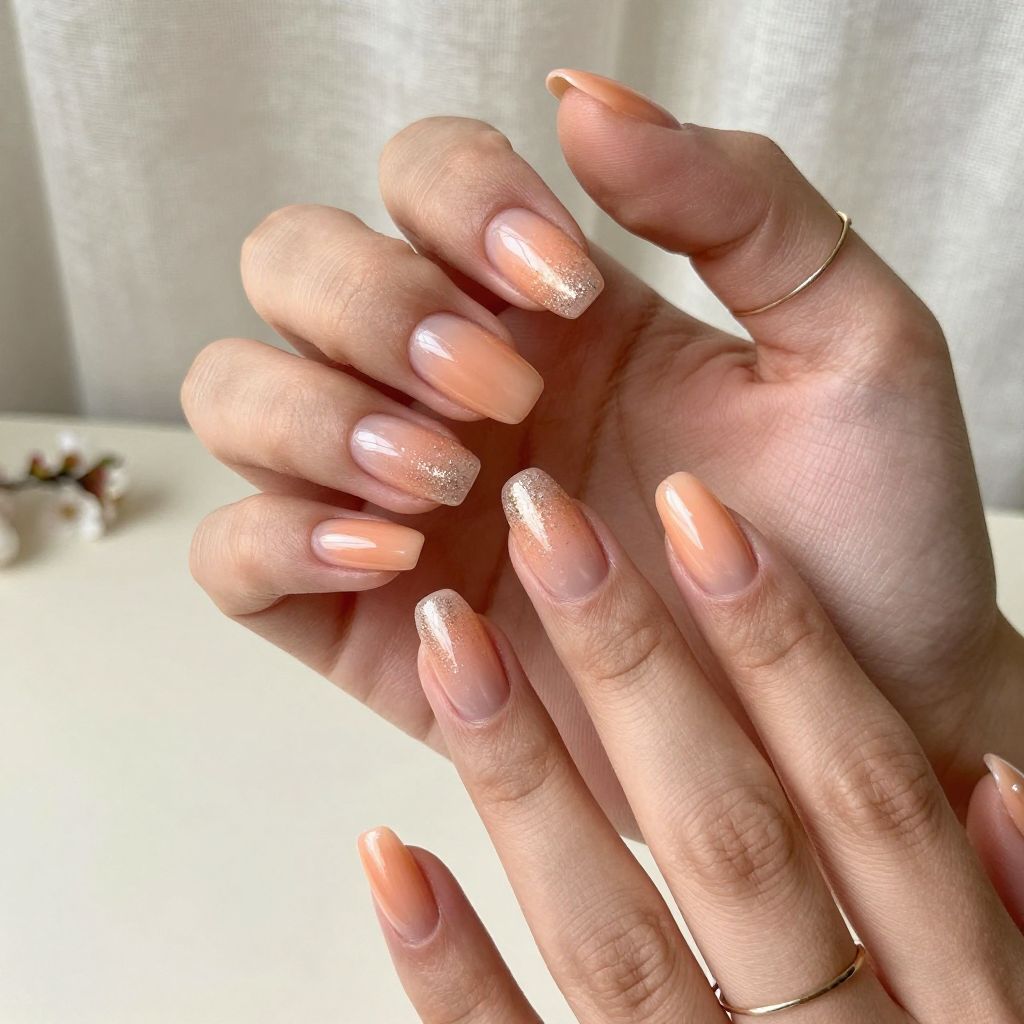 Peach Ombre Nails with Fine Glitter Tips