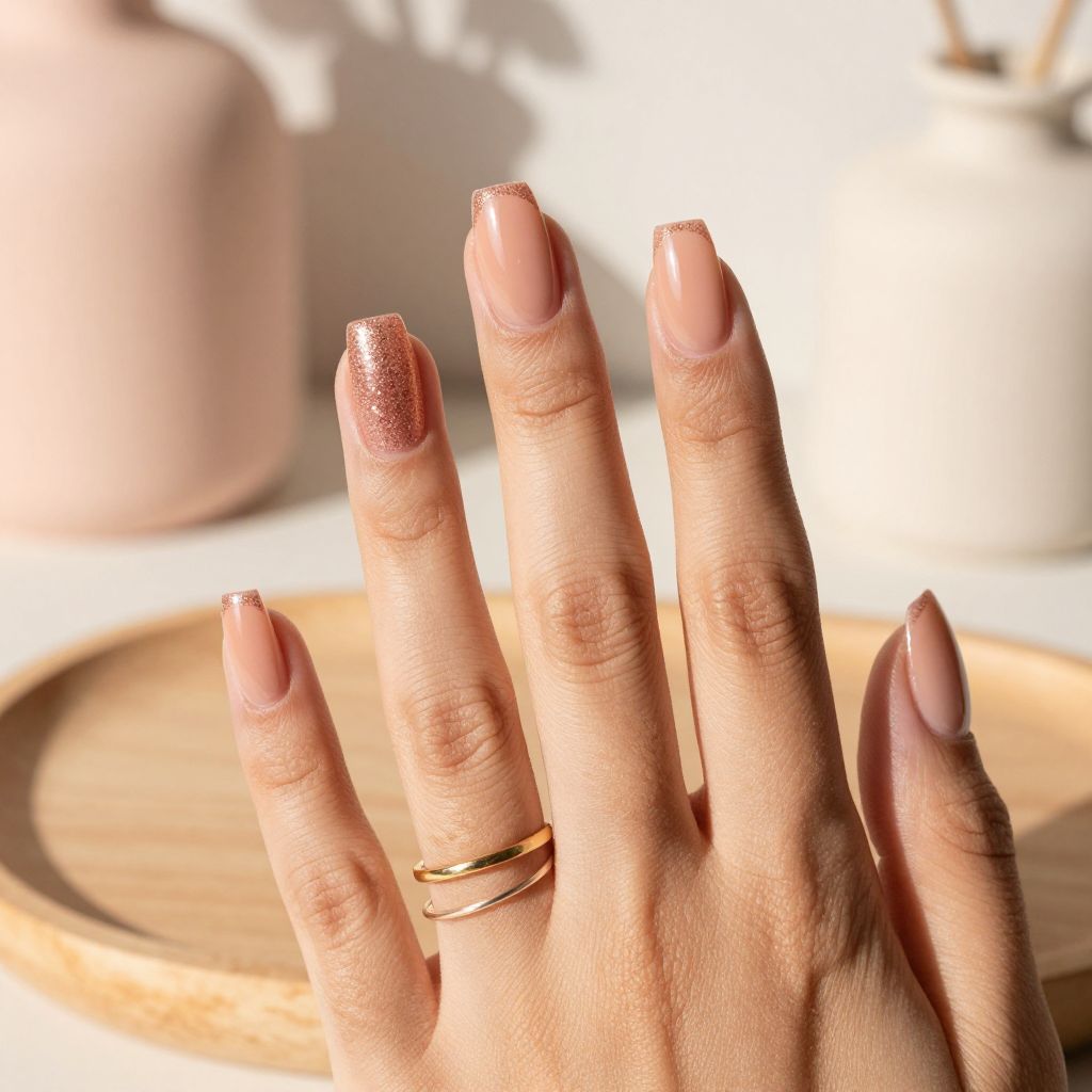 Peachy Nude Gel Nails with Glitter Gradient