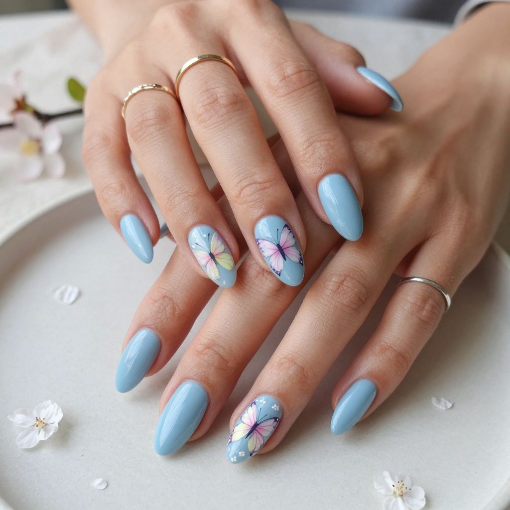 Powder Blue with Hand Painted Butterflies