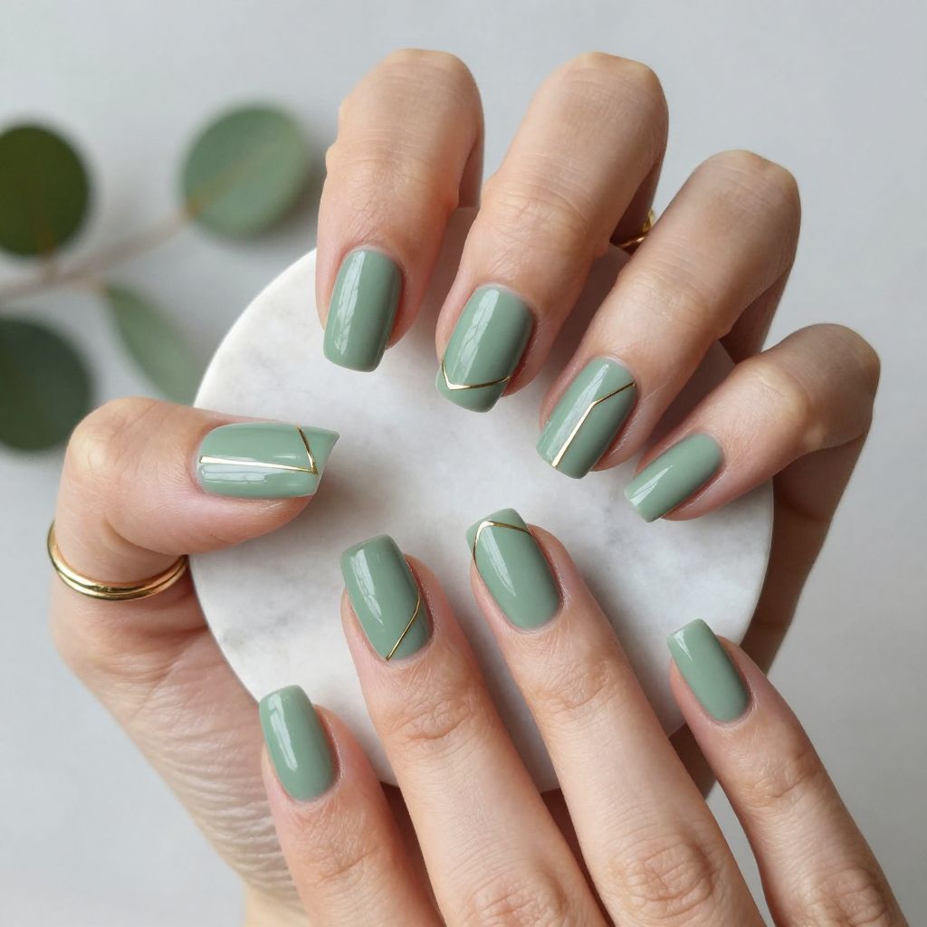 Sage Green Geometric Nails with Gold Accents