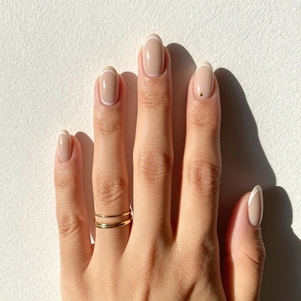 Nude Nails With White Line Art