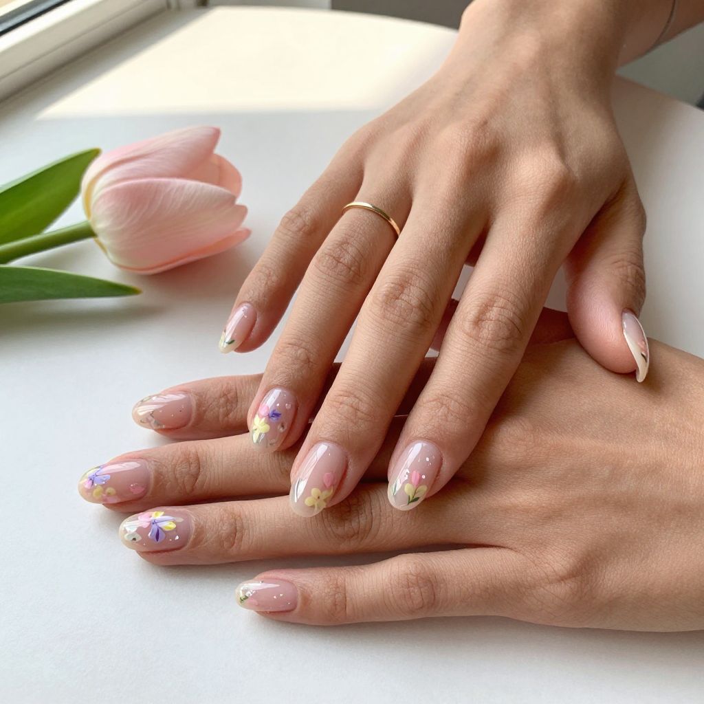 Clear Nails With Tiny Floral Art