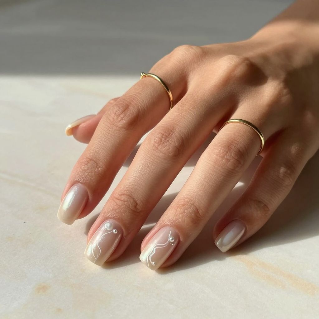Pearlized Soft Beige square acrylic nail idea