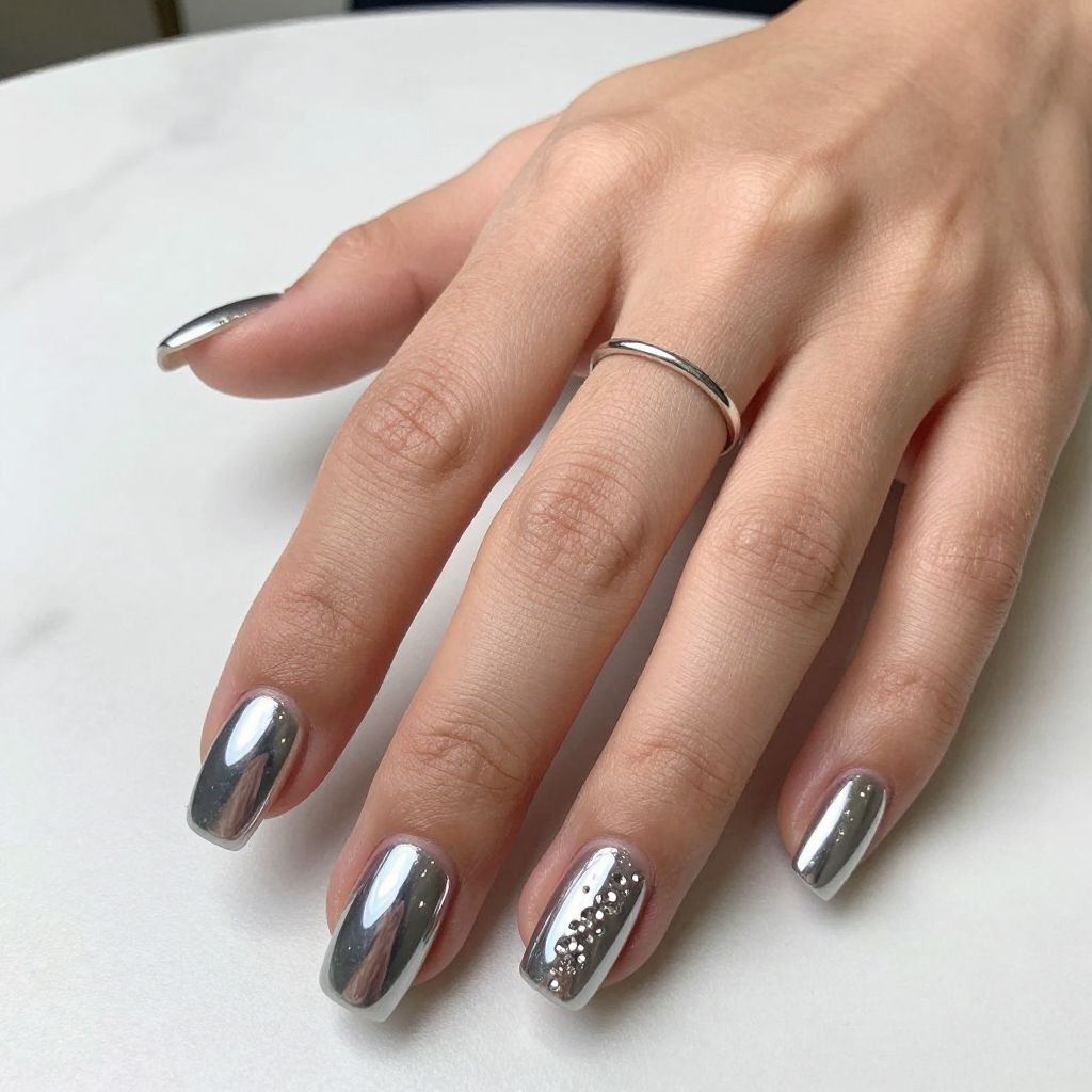 Chrome Silver Shine square acrylic nail idea
