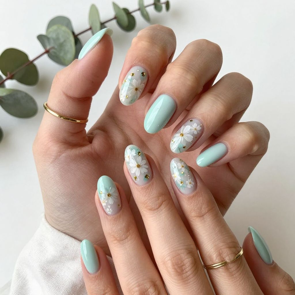 Pastel Mint Pressed Flower Nails