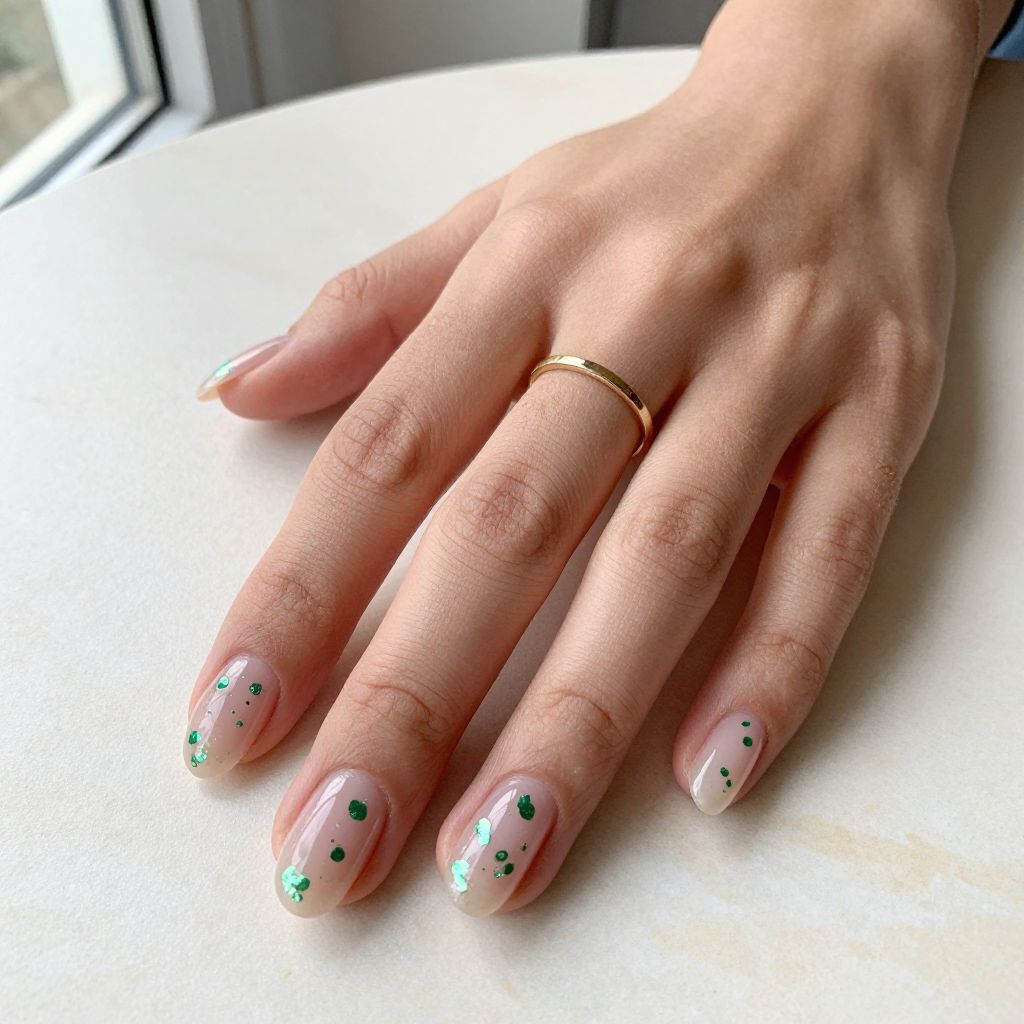 Clear Nails With Green Confetti