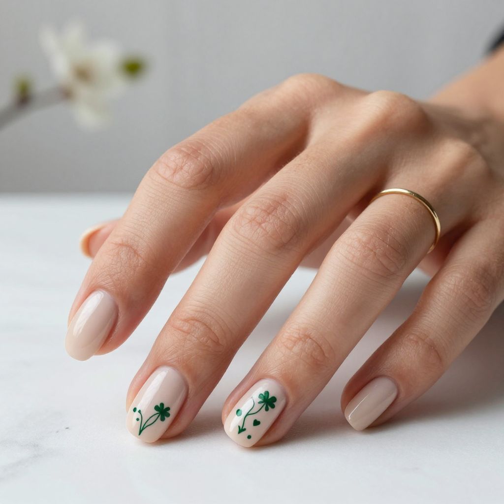 Classic Nude Nails With Green Accent Art