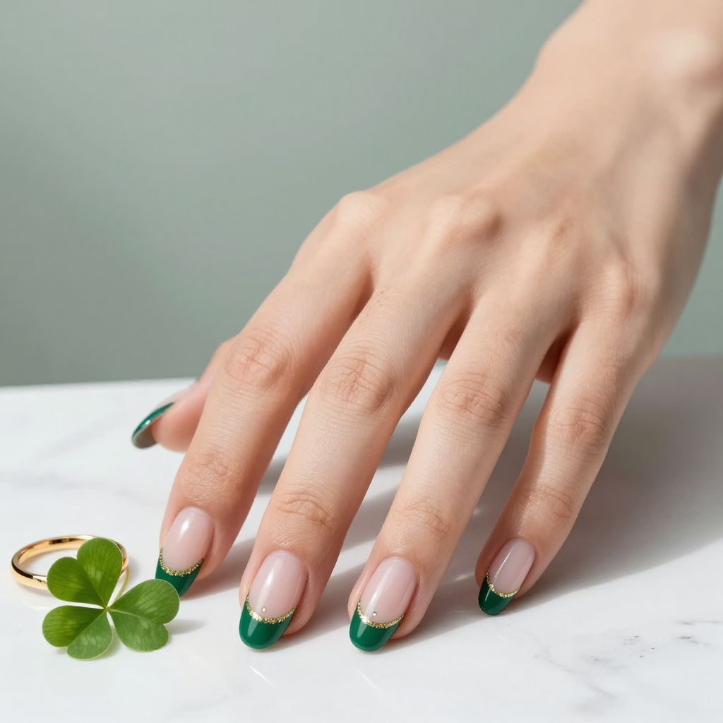 Emerald French tip nails with gold glitter accent