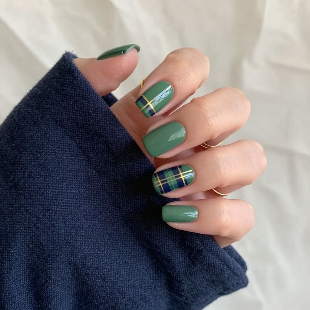 Green plaid nail design with gold lines