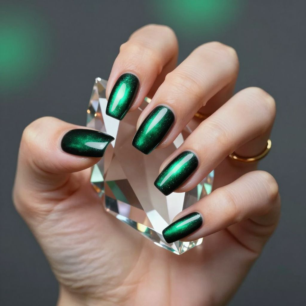 Green chrome aura nails with glossy finish